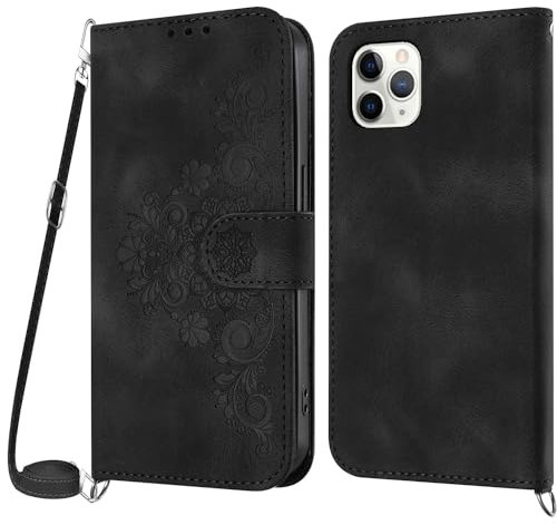 Netany Handykette Hülle für iPhone 11 Pro Max, Handyhülle iPhone 11 Pro Max (6,5 Zoll) Hülle mit Kette Klappbar, PU Leder Necklace Klapphülle und Umhängeband Lanyard Flip Schutzhülle mit Band(Schwarz)