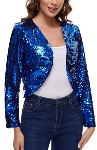 MINTLIMIT Cardigan Damen Kurz Langarm Bolero Pailletten Boleroshrug Dünne Elegant Ohne Knöpfe (Blau S)