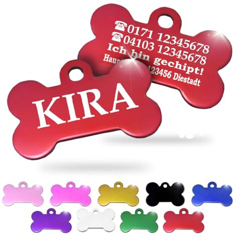 Ibera gifts - Hundemarke mit Gravur und personalisierte Hundemarke in Knochenform für mittelgroße bis große Hunde und Katzen (Rot, Keine Zeichnung)