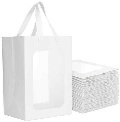EUSOAR Sac Cadeau avec Fenêtre - 20 Pièces Sac Kraft avec Poignée - 230GSM Sac Papier Blanc - 20x16x30cm Sacs Cadeaux Gift Bags - Sac en Papier Blanc Pochette Cadeau Emballage