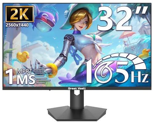 Great voell 32 pollici Gaming Monitor 1440P (2560 * 1440), 2K, 165HZ, Anti-Blue Light Eye Protection, VESA-75 * 75mm compatibile, inclinabile, con FreeSync, supporto HDR, HDMI+DP, 16:9