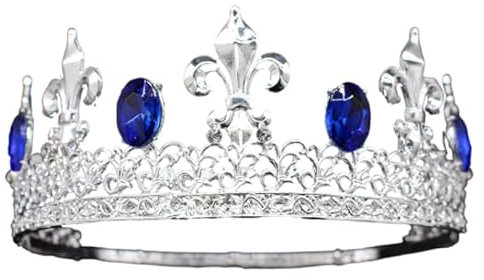 Retro Herren Metall Runde Krone König Ornament Royal Cosplay Requisiten für Hochzeit Abschlussball Geburtstag Party Festzug Kostüm (Silber Blau)