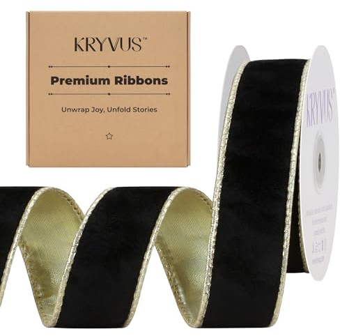 Kryvus Black Velvet Wired Ribbon 38mm x Continuous 9M, Metallic Black Gold Velvet Christmas Ribbon Prefect for Gift Wrapping, Christmas Tree Decoration, Crafts