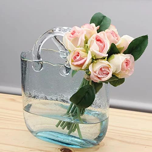 Glas Handtasche Vase Klare Geldbörsenvase Kreative Handtasche Blumenvase Moderne Dekorative Vase Einzigartige Taschen Vase für Langstielige Blumen, Potpourri, Kleine Fische & Süßigkeiten (Blue)