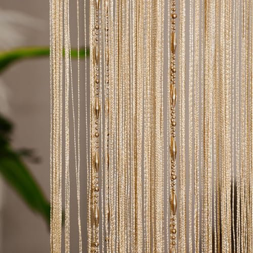 MObyat Fadengardine Fadenvorhang 100x200cm Fliegenvorhang Insektenschutz, Balkontür Türvorhang, Dekorative Schnur Quaste Vorhänge Für Türen Oder Fenster(Gold)