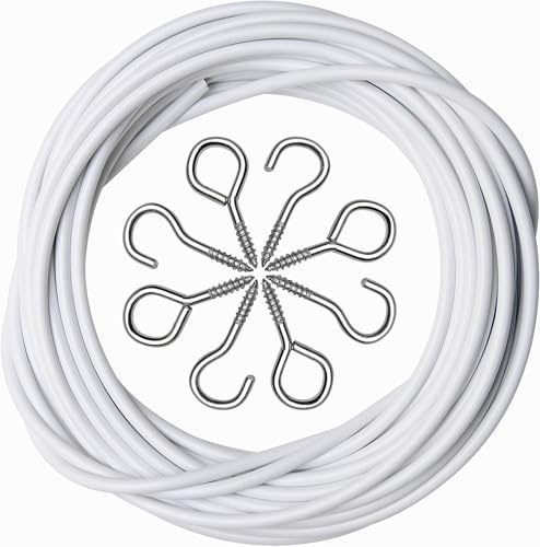 ASIWUJING Net Curtain Wire and Hooks Set, 30M Net Curtain Wire with 60pcs Eye Bolts and 60pcs Screw-in Hooks for Net Curtain Rod…