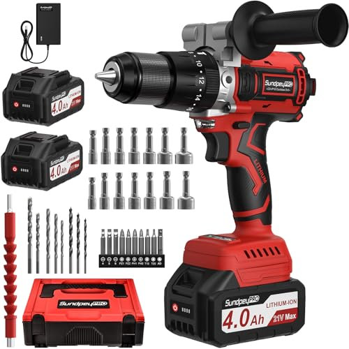 SundpeyPRO Trapano a Percussione Batteria 21V, 120Nm Brushless Avvitatore a Batteria con 2 Batterie da 4.0Ah, Trapano Avvitatore Batteria con 20+3 Coppia, 13mm Mandrino, 2 Velocità, Impugnatura