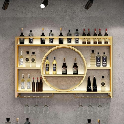 Weinregal aus Metall zur Wandmontage mit Glashalter, stilvoller runder Weinschrank für Zuhause, Bar, Küche, Esszimmer, goldfarben, 100 x 80 x 15 cm