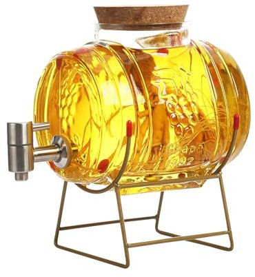 Whisky Karaffe,5000ml Fass mit Hahn und Eisenuntersatz,Fassförmiger Getränkespender aus Glas mit Verschlusskorken,Transparenter Alkoholspender Set Geschenke für Freund,Ehemann,Vater
