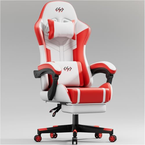 HLONONE Gaming Stuhl, Ergonomisch Bürostuhl, Racing Gamer Stuhl mit Komfortable Kopfstütze und Lendenkissen, PC Stuhl für Erwachsener und Teen, 150 kg Drehsessel Höhenverstellbar, Weiß-Rot