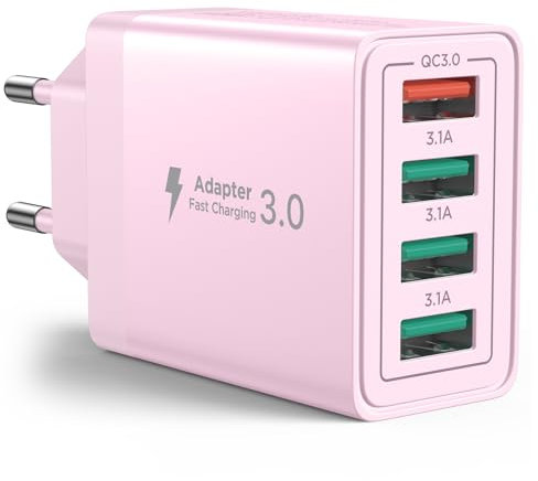 Caricatore USB, Presa USB da Muro 40W QC3.0 Caricatore Multiplo Caricabatterie Rapido per iPhone Series, Samsung, Adattatore Cellulare Carica Universale Xiaomi Alimentatore Huawei Spinotto Spina Rosa