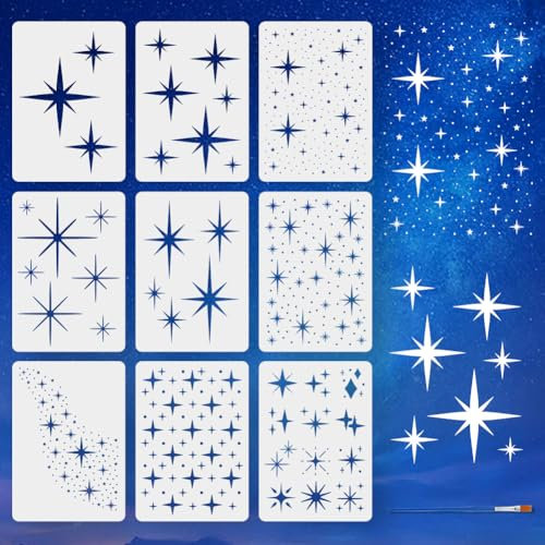 FINGERINSPIRE 9 Stück Große Malschablone Mit Pinsel 21x29.7cm 9 Stile Funkelnde Stern Zeichenvorlage Galaxie Milchstraße DIY Dekorationsschablone Zum Malen Auf Holz Wänden Stoffen Und Möbeln