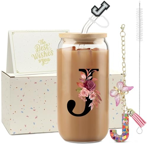 ZIOSINM Buchstaben Personalisierte Geschenke für Frauen, Glasbecher | Glasbecher mit Deckel & Strohhalm + Schlüsselanhänger Buchstabe, Geschenke für Frauen zum Geburtstag Weihnachten Valentinstag