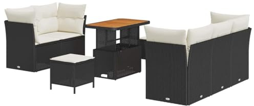 vidaXL 8-teiliges Gartensofa-Set mit Kissen in Schwarz aus Poly Rattan und Akazie. Perfekt für 4 Personen. Wetterfest und im modernen Design für Terrasse, Patio und Lounge.