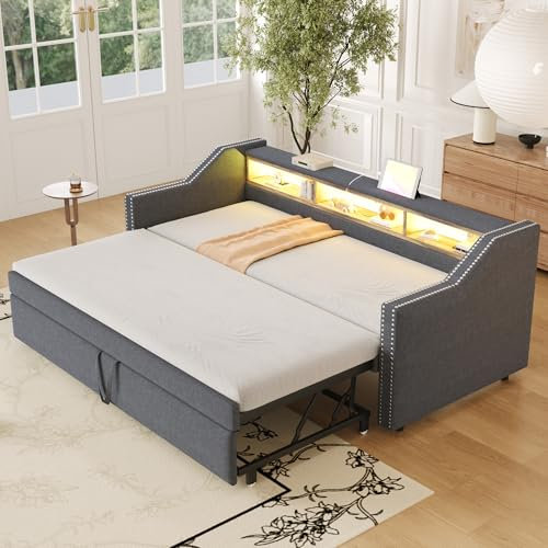 RIAZOS Polsterbett Ausziehbares Schlafsofa 90/180 x 190 cm, Daybett mit LED und USB Ladefunktion, Tagesbett mit Multifunktionales Staufach, Leinen, ohne Matratze, Dunkelgrau