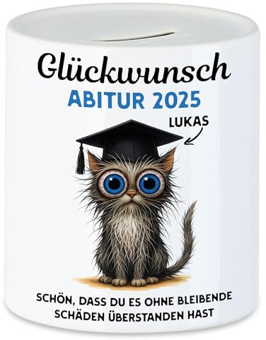 Kiddle-Design Spardose Abitur 2025 Personalisiert | Abi Abschluss Geschenk Katze Lustig Spruch | Schulabschluss Geschenke Jungen & Mädchen zur bestandenen Prüfung