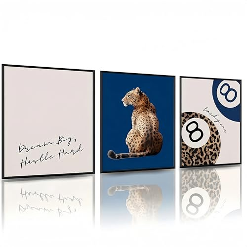 Linilioart Leoparden-Wandkunst Leinwanddrucke 3er-Set Trendige 8-Ball Y2K Geparden-Bilder Blaues Preppy-Kunstwerk für Schlafzimmer, Ungerahmt (50 x 75 cm)
