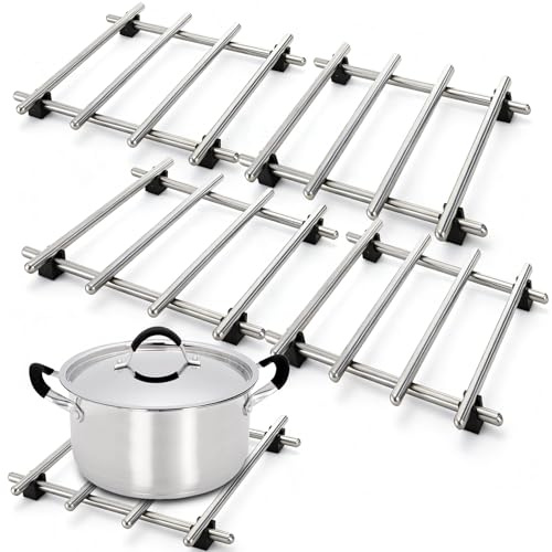 WUWEOT 4 Pcs Stainless Steel Trivet for Hot Dishes, 18 x 18 cm Mini Cooling Rack, Heat-Resistant Steel Dining Protector Mats with Rubber Anti-Slip Feet for Hot Pots, Pans, and Bakeware