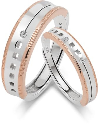 Meissa Bagues Couple Bicolores Or et Argent 925 – Anneaux Modernes avec Détail Carré et Pierre – Alliances de Couple Fiançailles Mariage Élégantes pour Homme Femme