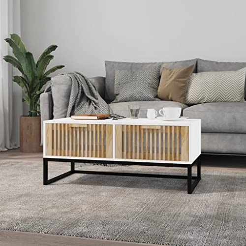 Teenpull Couchtisch Weiß 80x40x35 cm, Holzwerkstoff, Eisen, mit 2 Schubladen, robuster Wohnzimmertisch, praktische Ablage für Tassen, Bücher, Deko