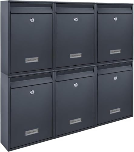 Zedelmaier 6er Briefkastenanlage mit Namensschildern nach Wunsch, Anthrazit | Robuste 6er Wandbriefkastenanlage 26x35x8,5cm mit Wunsch-Namensschildern, DIN C4, 4 Schlüssel – Mehrfamilienhäuser