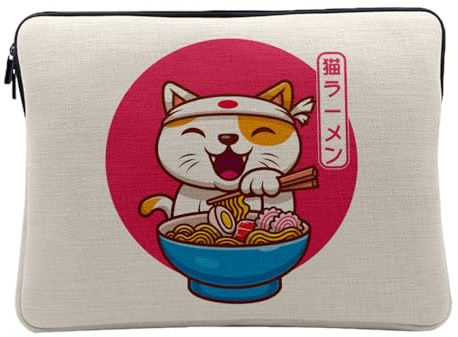 Housse Ordinateur et Tablette Aspect Lin - Neko Ramen Japon Chat Illustration Design Japan Anime - 14-15 Pouces Pochette de Protection PC Portable Imprimé en France