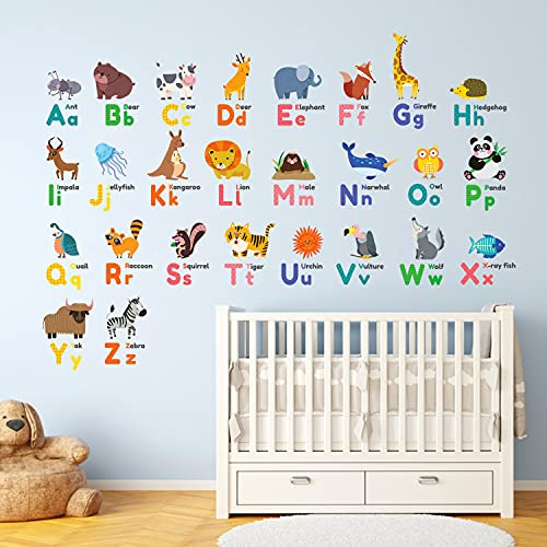 DECOWALL DS9-1614 Colourful Animal Alphabet ABC Kids Wall Stickers Panda Giraffe Zoo Learning Letter Wall Decals Removable Nursery Bedroom Living Room
