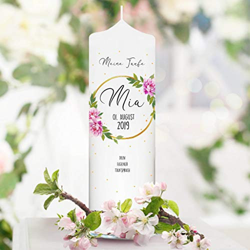Taufkerze Blumenkranz Blütenkranz - Kerze zur Taufe, Geburt oder Kommunion – weiß 25 x 7 cm mit Name, Datum, ggf. Taufspruch / / Taufkerze 25 x 7 cm (ohne Taufspruch)
