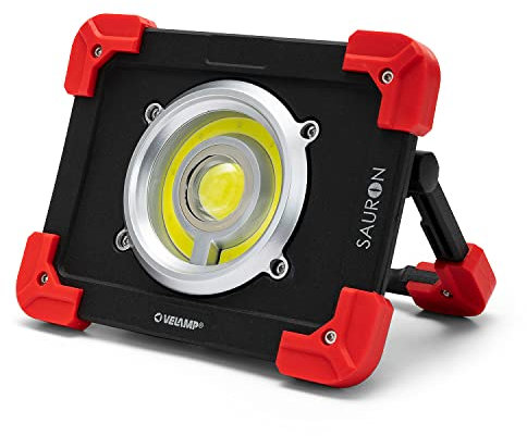 Velamp IR827 Lampe de Travail, projecteur de Chantier LED Rechargeable 1200lm, 20W, Support Pliable. avec Power Bank. pour Le Bricolage, Garage, randonnées, Camping, Aluminium, 20 W, Rouge