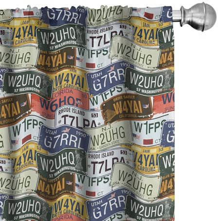 ABAKUHAUS USA Vorhänge, Gardinen, Retro Auto Kfz-Kennzeichen, Fensterbehandlungen für Wohnzimmer Schlafzimmer Dekor, 2 Stück 75 cm b x 175 cm h, Mehrfarbig