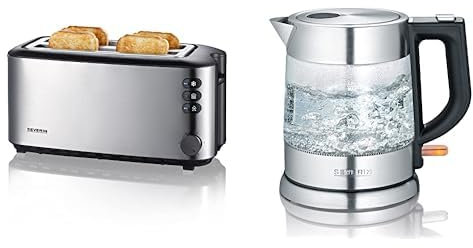 SEVERIN AT 2509 Automatik-Toaster (1.400 W, 2 Langschlitzkammern, für bis zu 4 Brotscheiben) Edelstahl/schwarz & WK 3468 Glas-Wasserkocher (ca. 2.200 W, 1 L) edelstahl/schwarz