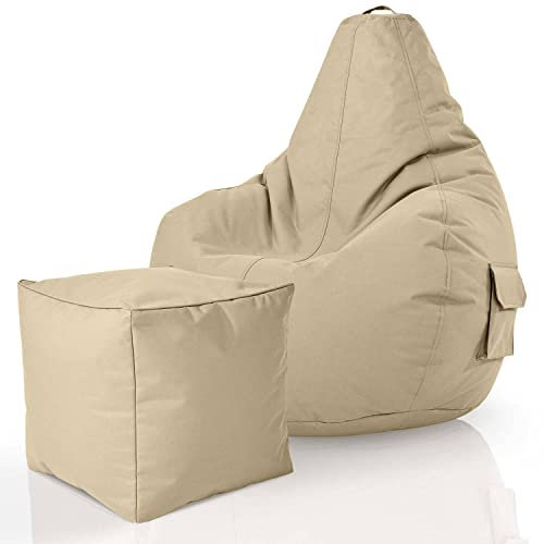 Green Bean 2er Set Sitzsack + Hocker - fertig befüllt - robust waschbar schmutzabweisend - Kinder & Erwachsene Bean Bag Bodenkissen Lounge Sitzhocker Relax-Sessel Gamer Gamingstuhl Pouf - Beige