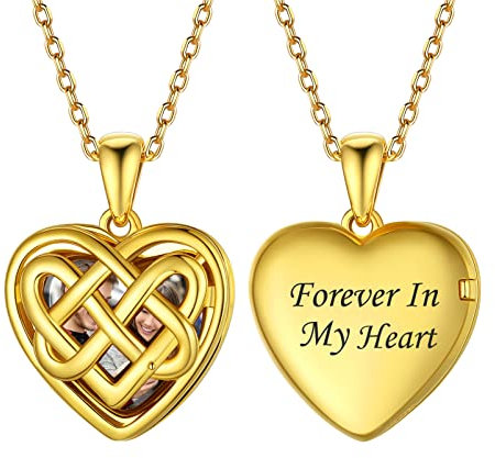 Silvora Herz Foto Anhänger Halskette Gravierbarer Herz Bilder Amulette zum Öffnen mit Medaillon mit Foto Gravur und Text Gravur in Gold mit 56cm+5cm Kette für Geburtstag Weihnachten Valentinstag