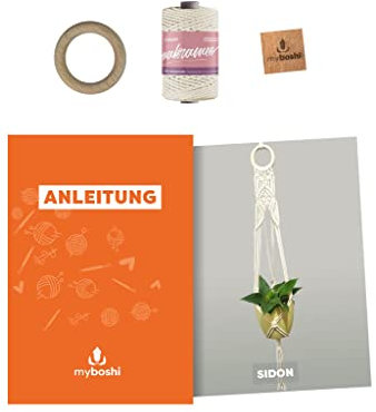 myboshi Makramee-Set Blumenampel Sidon, inkl. Makramee-Kordel, Holzring und Anleitung, 4mm geflochten, Made in Germany, 100% Baumwolle Natur mit Anleitung