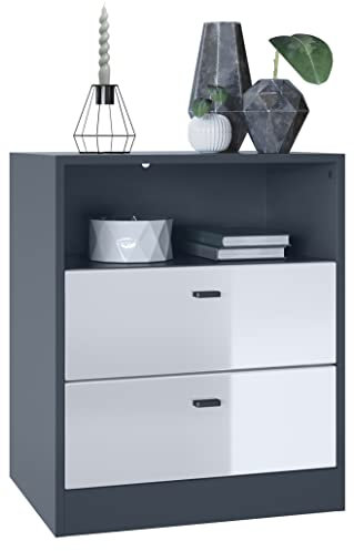 Vladon Kommode Pino V1, Made in Germany, Nachttisch mit 2 Schubladen & 1 offenem Fach, Anthrazit matt/Weiß Hochglanz ohne LED (56 x 67,5 x 36 cm)