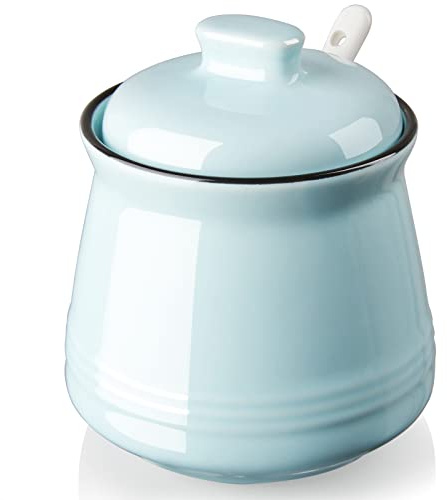 DAYYET Sugar Bowl with Lid and Spoon, 12 oz Ceramic Sugar Bowl with Spoon, Sugar Container for Coffee Bar, Sugar Jar Sugar Dispenser Bowl, Turquoise Kitchen Decor and Accessories