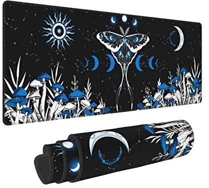 Blue White Trippy Mushroom Moth Butterfly Mouse Pad XL Extended Desk Mat, Non Slip Rubber Base Stitched Edge Gaming Pc Desktop Large Mice Pad,31.5 x 11.8 Inch