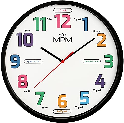 MPM Design Kinder Wanduhr aus Kunststoff, Made in EU, Schwarz/Weiß, Kinder-Motiv Englische Zahlen, Quarz-Uhrwerk, Moderne Wanddeko, Runde Uhr, ∅250 x 20 mm, für Kinderzimmer, Kindergarten, die Schule