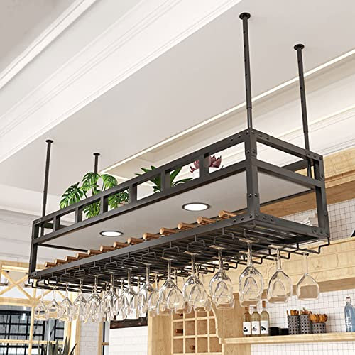 NileMAll Portabottiglie da soffitto con 2 luci - Portabottiglie e portabicchieri Scaffali galleggianti Piante moderne Foto Bottiglie di vino Espositore Scaffale per cucina Sala da pranzo Home Bar