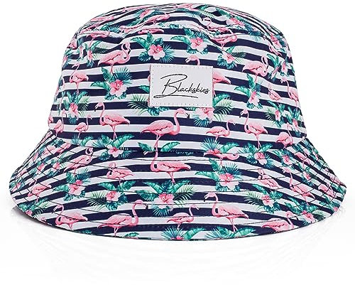 Blackskies® Tropical Flamingo Bucket Hat | Unisex Sonnenhut Fischerhut Floral Urlaub Sommer Weiß-Blau Gestreift