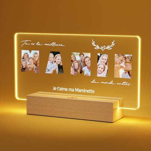 Giftove Idee Cadeau Mamie Original - Lampe Cadre Photo en Verre Personnalisé - pour Fete des Grand Mere, Noel, Anniversaire
