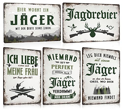 5er Set - Jäger BlechSchild 20x30cm - Jagd Metallschild mit Lustig Spruch - Jagdrevier - Deko Geschenk für Männer Bar Cave Partykeller Schützenfest Draussen - Wetterfest Schild
