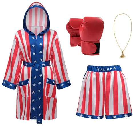 Regenboog Boxkostüm mit amerikanischer Flagge, Herren und Damen, Satin-Boxer-Bademantel, Shorts, Gürtel, Boxhandschuhe, USA-Robe, Halloween-Kostüm, Größe S, Us-flagge