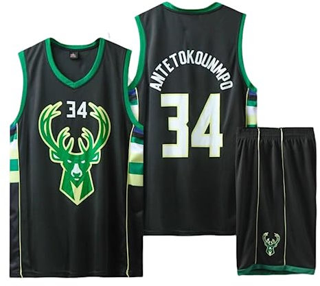 CLZWFZ 34#Basketball Trikot Kit Kinder Fans Trikot Jungen Sportbekleidung Ärmellose Basketballweste Tops und Shorts Sport Set Sommer Trainingsanzug Geschenke für Jungen Grils,Schwarz,L