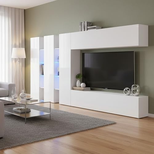 Dmora - Ausgestattete Wand Carmelo, 5-türiges TV-Ständer-Wohnzimmerset, Mehrzweck-Wohnzimmermöbel, 100% Made in Italy, 340 x 30 x 180 cm, glänzendes Weiß,