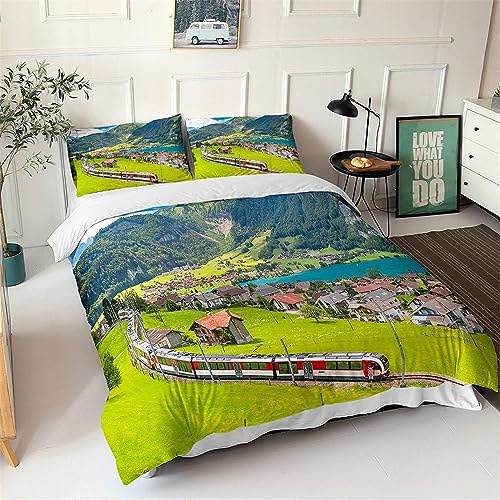 GELOUT Bettwäsche Set 3D 90x200cm Zug Rot Gelb Grünbedruckte Bettbezug Bedruckte Bettwäsche Set Einfache Pflege 3-Teiliges Polyester Mit Reißverschluss 1 Bettbezug Und 2 Kissenbezug
