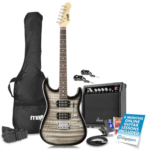 Max Gigkit Wireless Quilt Top Guitar Pack - Ideal Beginner Electric Guitars Set with 20W Amplifier, Accessories & 6 Months Online Lessons - Black Finish for Aspiring Musicians
