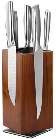 Magnetic Knife Block without Knives, 360°Rotatable Knife Holder With with Four Sided Magnets & Non-Slip Base,Kitchen Acacia Wood Universal Magnetic Knife Storage Rack with Bristles (Brown)