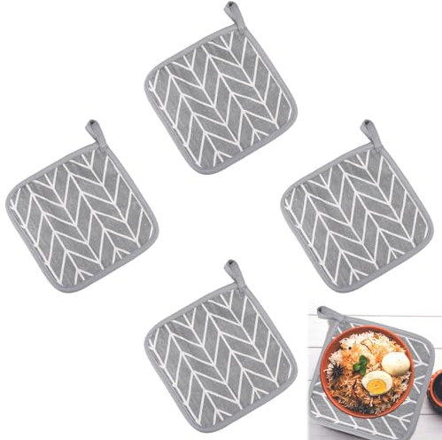 4 Pcs Oven Pot Holders with Pocket, Kitchen Pot Holders Thickened Cotton Pot Holders, Pot Holders Heat Resistant Oven Square Pot Holder Hot Pads for Table Bowl Cup Kitchen Cooking Baking, Grey Lattice