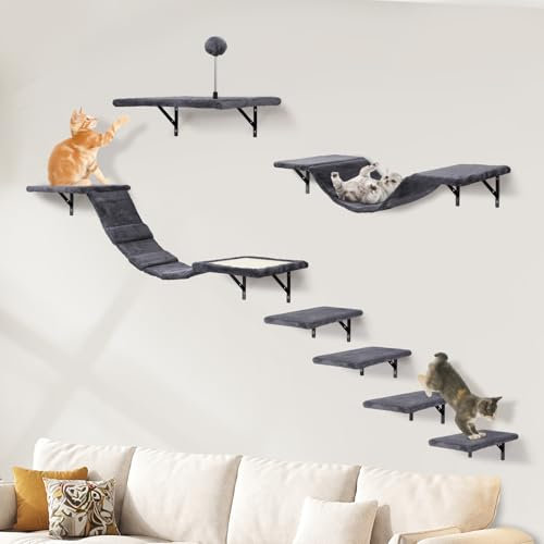 Katzen kletterwand Set mit Katzenbaum Hängematte,Katzentreppe Wand,Katzenbrücke,Kratzbrett, 7-Teiliges Katzen Wandelemente für Katze Catwalk (Rauchgrau)